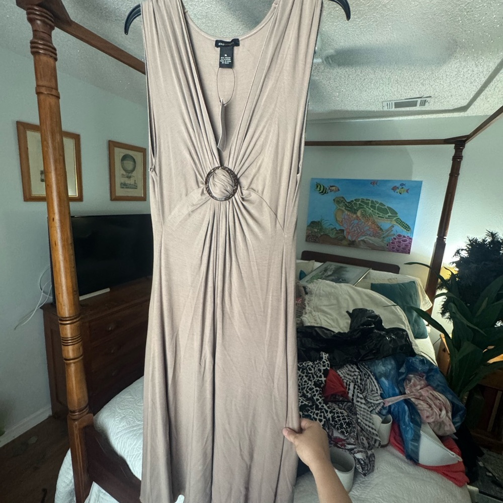 BCBG Taupe Backless Dress with Ring Detail